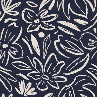 Navy Scribble Flowers Fabric